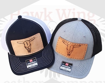 Leather Richardson 112 Cow Skull Patch Hat, Handmade Tooled Cattle Head Patch