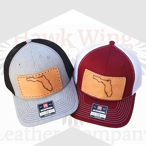 Leather Richardson 112 Florida Patch Hat, Handmade Tooled State Patch Trucker Mesh Cap