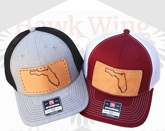 Leather Richardson 112 Florida Patch Hat, Handmade Tooled State Patch Trucker Mesh Cap