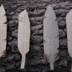 Puede incluir: Cuatro plumas de madera, talladas en madera, de color marr&oacute;n claro, est&aacute;n dispuestas horizontalmente sobre un fondo de corteza marr&oacute;n oscuro.
