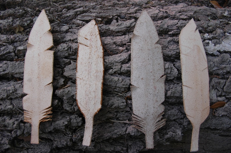 Puede incluir: Cuatro plumas de madera, talladas en madera, de color marr&oacute;n claro, est&aacute;n dispuestas horizontalmente sobre un fondo de corteza marr&oacute;n oscuro.
