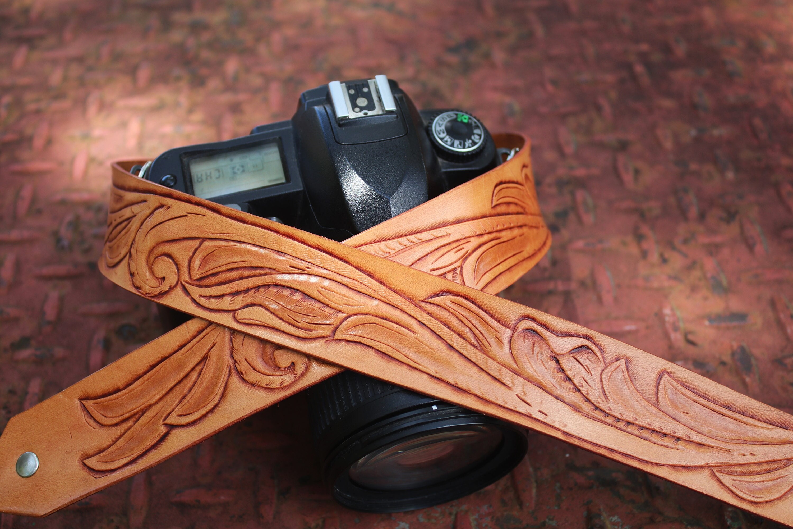 Brown Tooled Leather Short Purse Strap 25