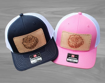 Leather Richardson 112 Rose Patch Hat, Handmade Tooled Flower Patch, Baseball Cap