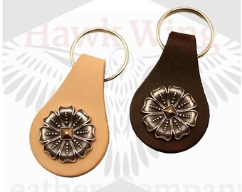 Leather Keychain with Floral Concho, Rustic Artisan Key Fob, Steampunk Copper Accessory