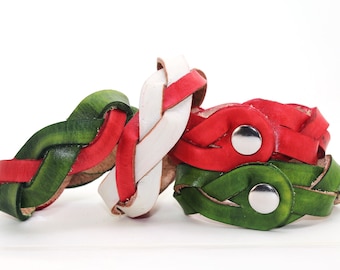 Braided Leather Cuff Bracelet, Christmas Holiday Edition