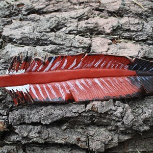 Puede incluir: Una pluma de cuero roja, blanca y negra con un dise&ntilde;o pintado. La pluma est&aacute; sobre un trozo de corteza de &aacute;rbol.
