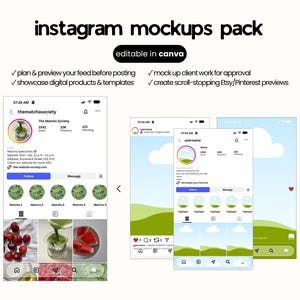 May include: An Instagram mockups pack editable in Canva featuring digital templates for social media profiles. The image displays a sample profile layout with a grid of images, a bio section, and multiple interface screens for mobile devices.