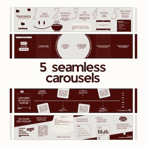 Op de afbeelding: Een digitale grafische set met vijf naadloze carrousels in donker bordeaux en gebroken wit. De ontwerpen bevatten tekstgebaseerde lay-outs, checklists en infographics met titels zoals Small Habits, Signs You're Growing en New Month Prep Checklist.