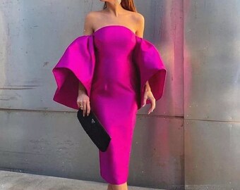 Evening Dress, Off Shoulder Midi Dress, Exaggerated Puff Sleeves Dress, Formal Event Dress, Corporate Meeting Dress, Party Dress, Date Dress