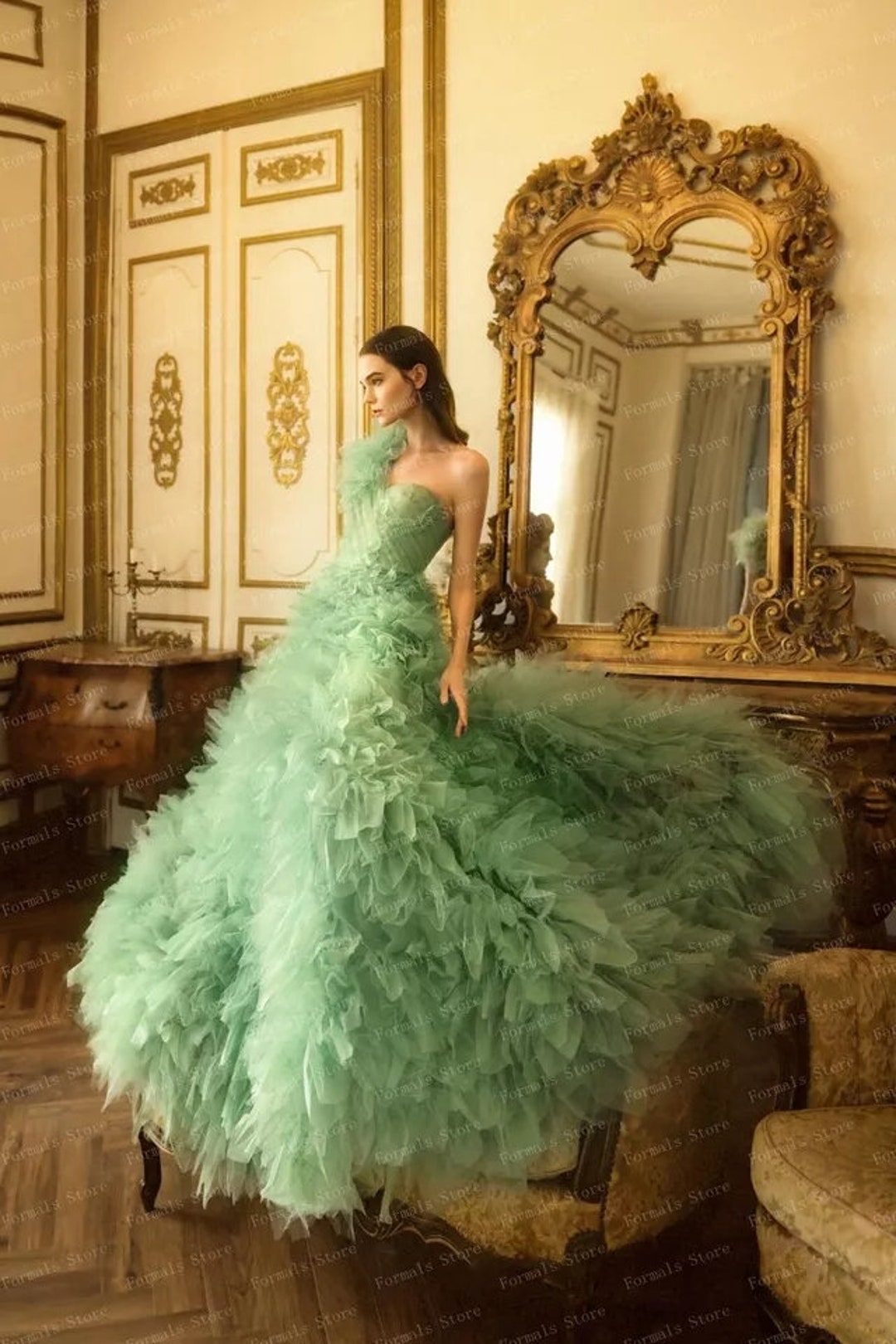 One-Shoulder Glitter Tulle Gown with Lace-Up Back Moss main image 1