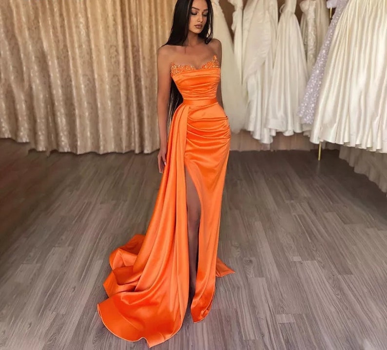Evening Dress With Detachable Train, High Slit Dress, Red Carpet Dress