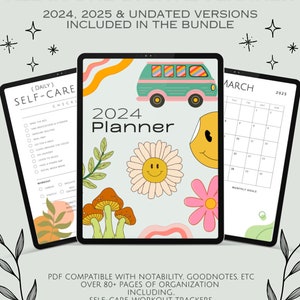 May include: A digital planner with a colorful retro design. The planner features a flower, a smiling sun, and a vintage van. The text "2024 Planner" is displayed on the cover. The planner is compatible with Goodnotes and Notability.