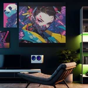 Ilustración cibernética de geisha, póster único para entusiastas de la tecnología, póster mate horizontal Cyberpunk para hogares que marcan tendencia, obras de arte de ciencia ficción
