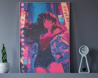 Poster anime opaco/raso con paesaggio urbano retrò, arte da parete nostalgica, arredamento estetico per la casa Y2k, decorazione da parete al neon Vaporwave, illustrazione d'arte degli anni '80