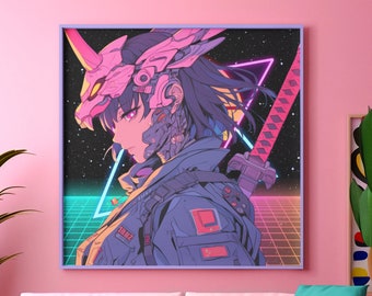 Cyberpunk Aesthetic Samurai Matte Horizontal Poster, Powerful Anime Wall Art, Epic Home Decor, Neon Wall Decor, Vaporwave Wall Art