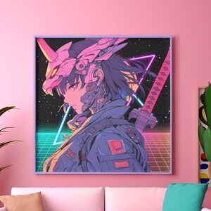 Pu&ograve; includere: Una stampa d'arte digitale con un personaggio di anime cyberpunk con un elmetto rosa e bianco, una spada e uno sfondo verde e rosa neon.