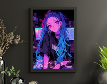 Neon Dreams Matte/Satin Anime Poster, Vaporwave Wall Art, Y2k Aesthetic Home Décor, Synthwave Wall Decor, Japanese Illustration