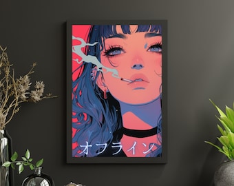Poster anime opaco/raso Vaporwave offline, arte della parete Kanji, arredamento per la casa estetico retrò, arredamento della parete urbana, illustrazione Synthwave giapponese