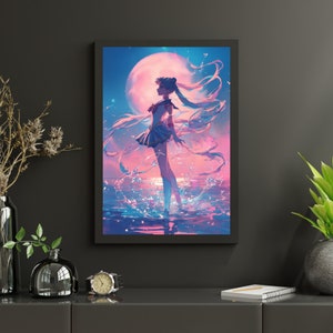 Moonlit Dance Matte/Satin Anime Poster, Pastel Wall Art, Kawaii Aesthetic Home Décor, y2k Wall Decor, 90's Japanese Illustration