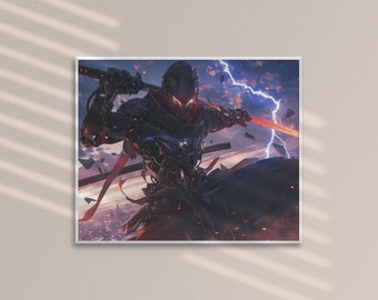 Leistungsstarke Ninja Wandkunst, Einzigartiges Cyberpunk Poster, Kybernetische Horizontale Matte Poster, Spielzimmer Dekor, Sci-fi Kunstwerk, Asiatisches Wohndekor