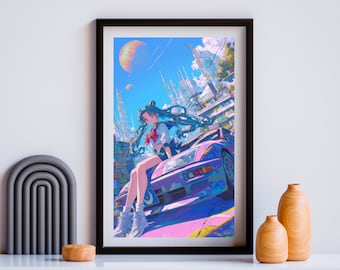 Poster anime opaco/raso in realtà alternativa, arte da parete pastello, arredamento estetico Kawaii, decorazione da parete futuristica, illustrazione giapponese