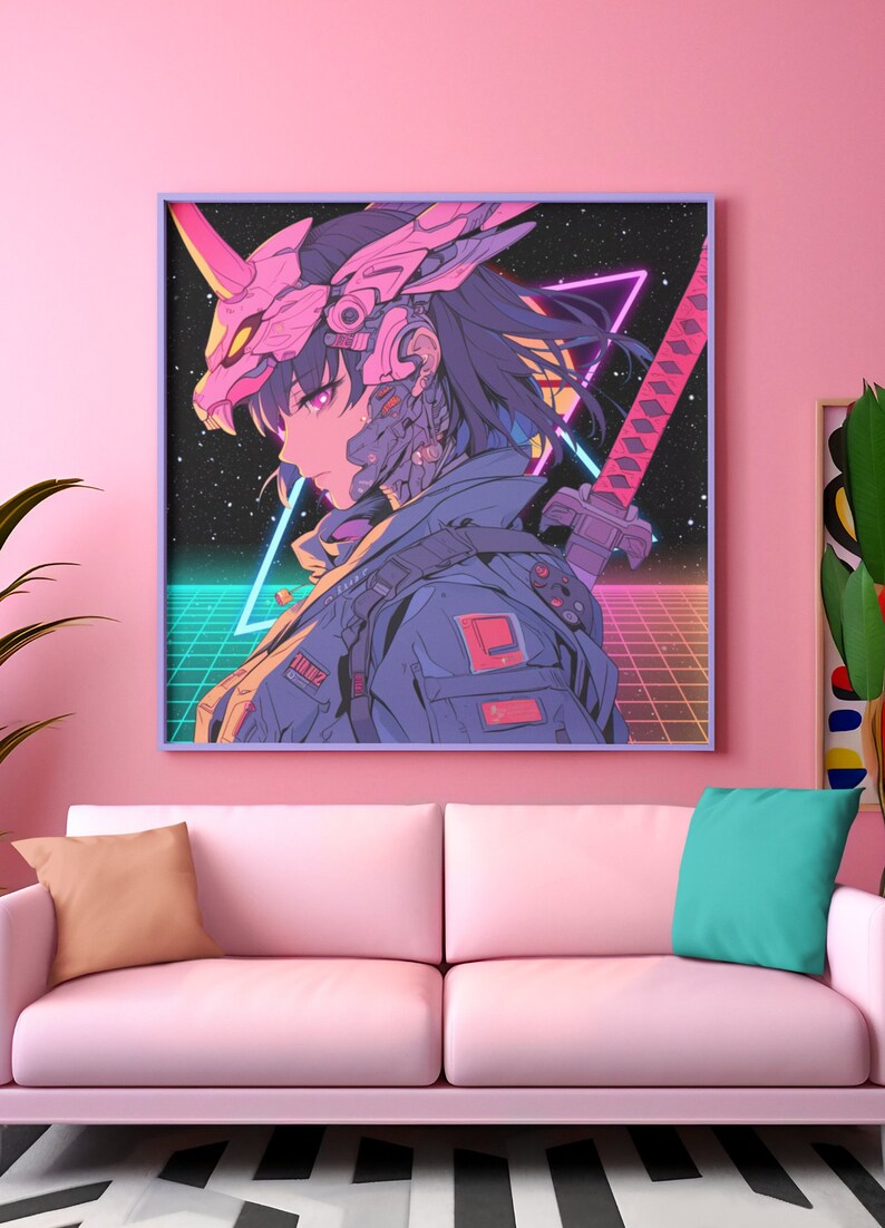 Pu&ograve; includere: Una stampa d'arte digitale con un personaggio di anime cyberpunk con un elmetto rosa e bianco, una spada e uno sfondo verde e rosa neon.