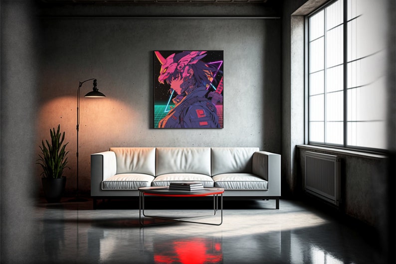Pu&ograve; includere: Una stampa d'arte digitale con un personaggio cyberpunk con un elmetto rosa e blu, che tiene una spada, su uno sfondo al neon.