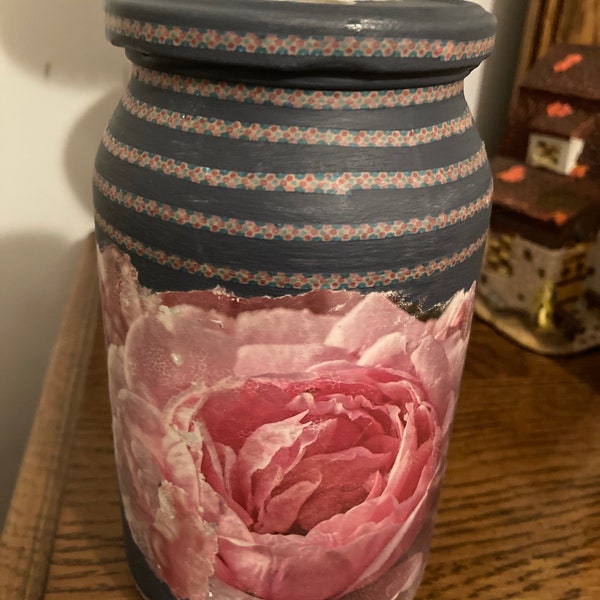 Farmhouse glass jar/vase with matching lid. Jar was painted and decoupage in pink Roses.