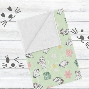 Kawaii Blanket | Plush Minky Blanket | Mint Green Kawaii Cat Minky Throw | Kawaii Bedding | Cute Soft Blanket | Flower Cartoon Animal