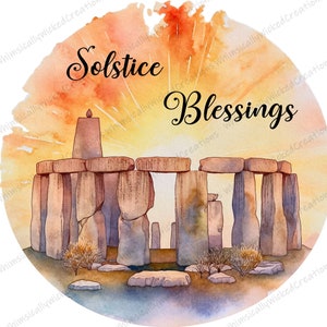 May include: Watercolor illustration of Stonehenge with the text "Solstice Blessings" in a circular design. The artwork features a warm color palette of orange, yellow, and brown, with the monument set against a sunset backdrop.