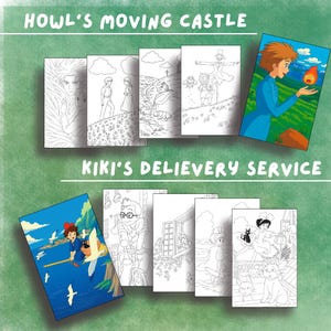 May include: A collection of coloring pages featuring scenes from "Howl's Moving Castle" and "Kiki's Delivery Service." The pages include line art illustrations of characters and settings from the animated films, with a colorful cover image.