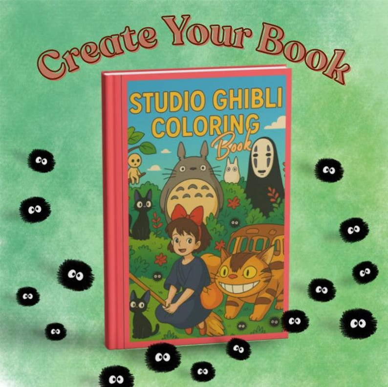 May include: A Studio Ghibli coloring book with a red cover, featuring characters from various Ghibli films. The cover text reads "STUDIO GHIBLI COLORING BOOK". The image includes characters like Totoro, Kiki, and No-Face, surrounded by black soot sprites.
