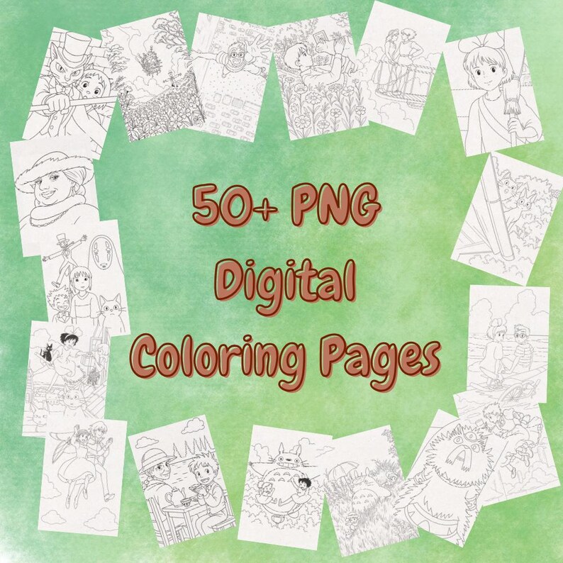 May include: A collection of over 50 digital coloring pages in PNG format. The pages feature various black and white illustrations of anime characters and scenes, arranged in a circular pattern against a green background.