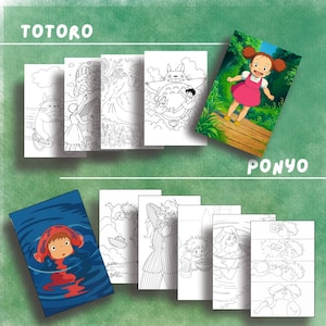 May include: Coloring books featuring characters from the animated films "Totoro" and "Ponyo." The "Totoro" books have black and white line drawings, while the "Ponyo" book has a color illustration. The word "Totoro" is at the top, and "Ponyo" is at the bottom.