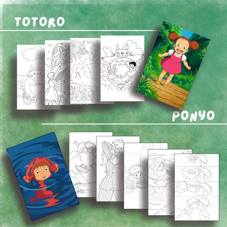 May include: Coloring books featuring characters from the animated films "Totoro" and "Ponyo." The "Totoro" books have black and white line drawings, while the "Ponyo" book has a color illustration. The word "Totoro" is at the top, and "Ponyo" is at the bottom.