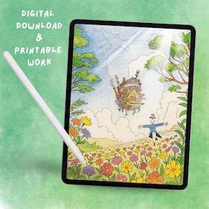 May include: A digital tablet displays a colorful illustration of a whimsical scene with a moving castle, a figure in a blue coat, and a field of flowers. The text "DIGITAL DOWNLOAD & PRINTABLE WORK" is visible.