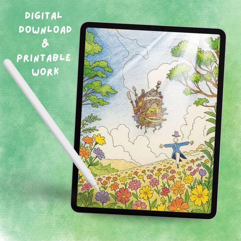 May include: A digital tablet displays a colorful illustration of a whimsical scene with a moving castle, a figure in a blue coat, and a field of flowers. The text "DIGITAL DOWNLOAD & PRINTABLE WORK" is visible.