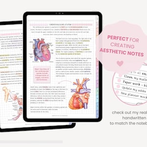 May include: Two digital tablets showing handwritten notes on the cardiovascular and muscular systems, with diagrams of the heart and skeletal muscles. A pink speech bubble says "Perfect for creating aesthetic notes."
