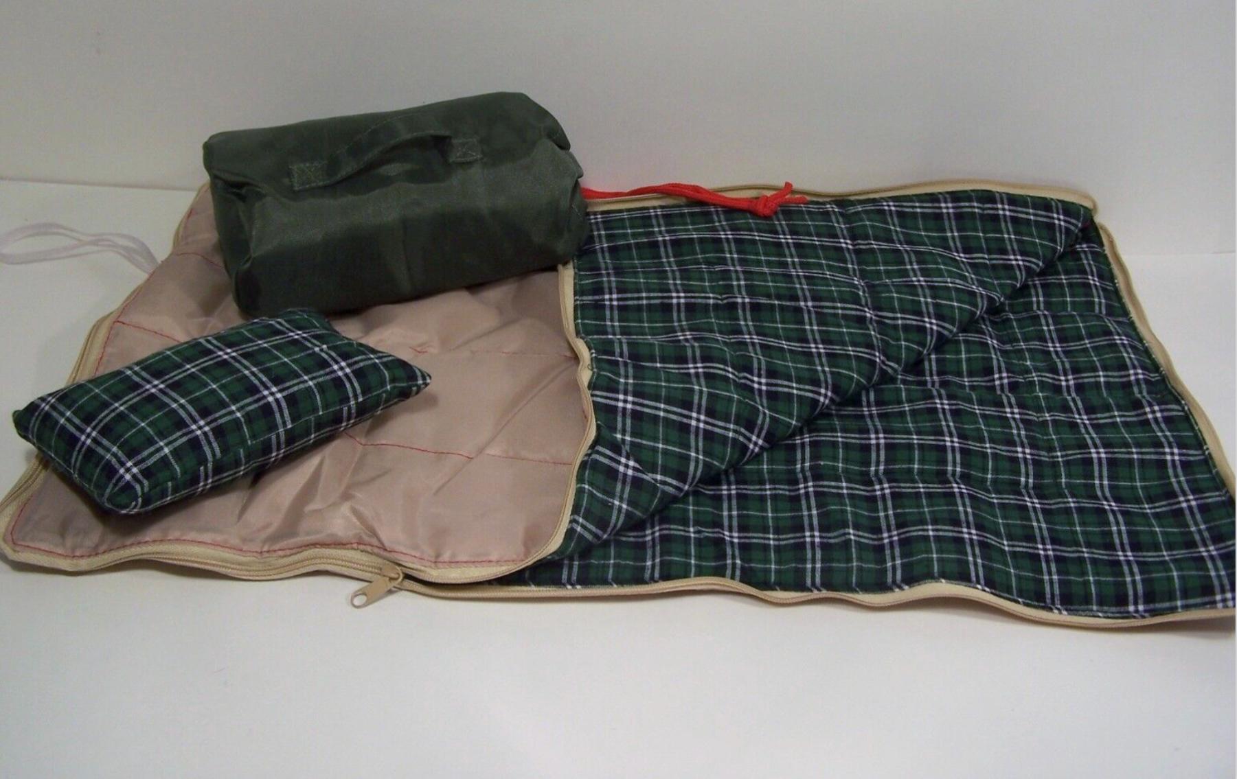 Beige Outdoor Boy or Girl Camping Sleeping Bag Green Plaid Lining Pillow Set Fits: Any 18" AG doll (Debs)