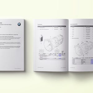 May include: A three-page document set detailing BMW OEM parts for a 5-speed manual setup. The first page has text and the BMW logo. The other two pages show diagrams and parts lists.