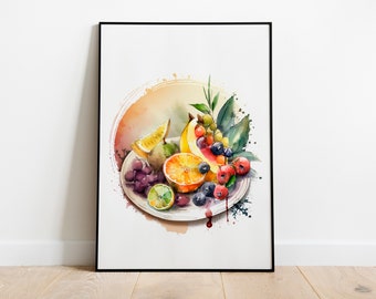 Cosecha abundante: un plato de frutas de acuarela