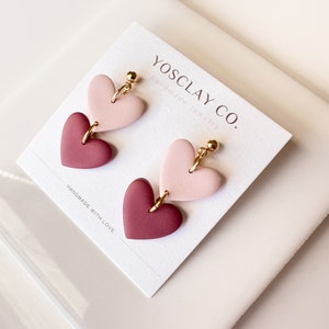 Valentine&#39;s Day Heart Dangle Earrings: Polymer Clay, Gold Plated Posts