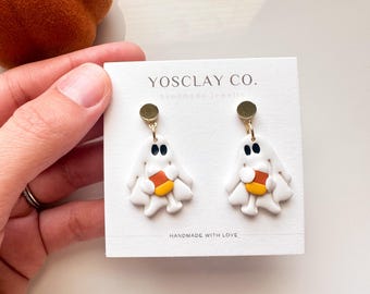 Halloween Ghost Earrings, Candy Corn Polymer Clay Earrings