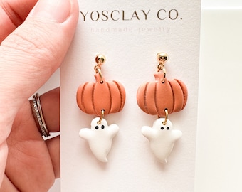 Handmade Halloween Dangle Earrings, Pumpkin & Ghost Polymer Clay