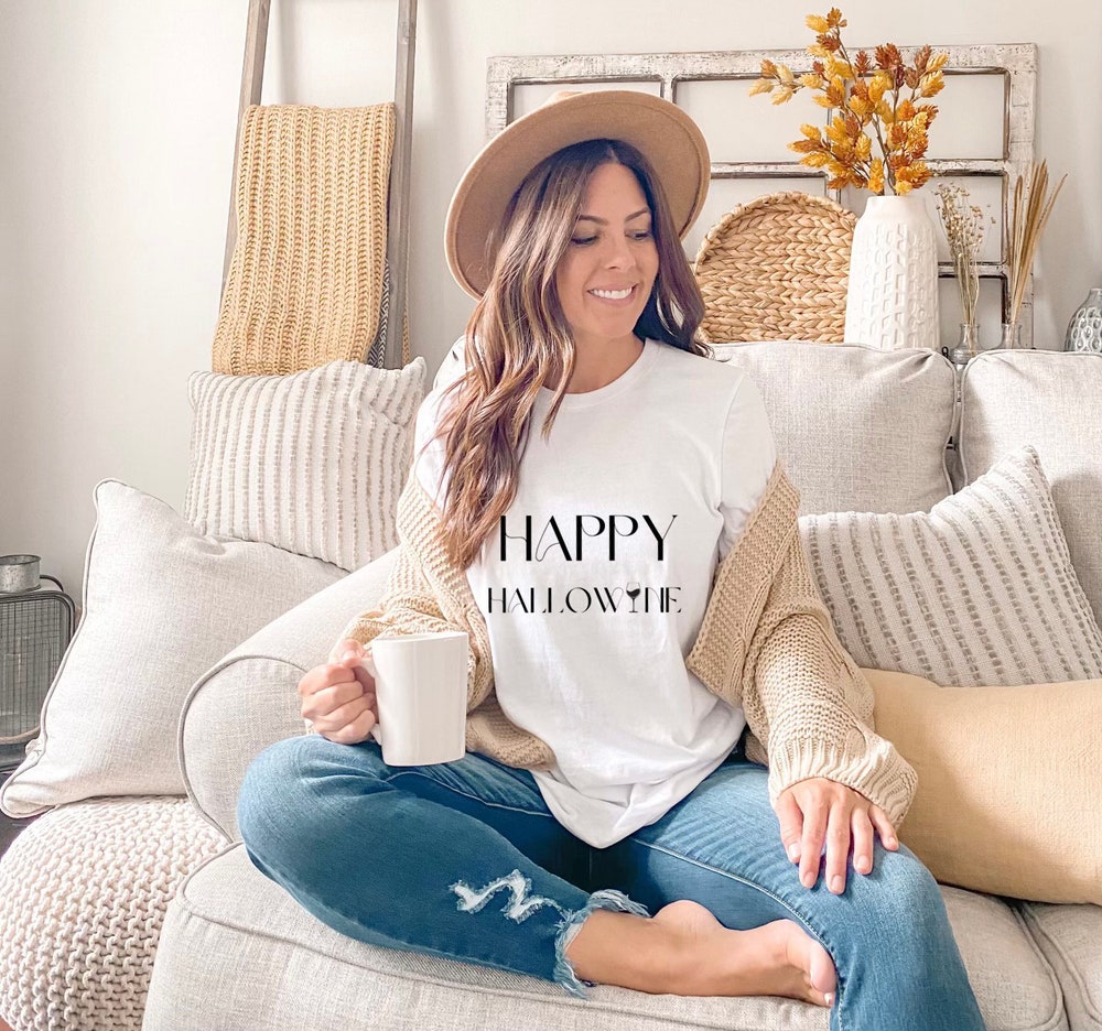 Happy Hallowine Long Sleeve Tee - Fall Tee - Halloween Tee - Cute Fall Long Sleeve - Halloween Long Sleeve Tee