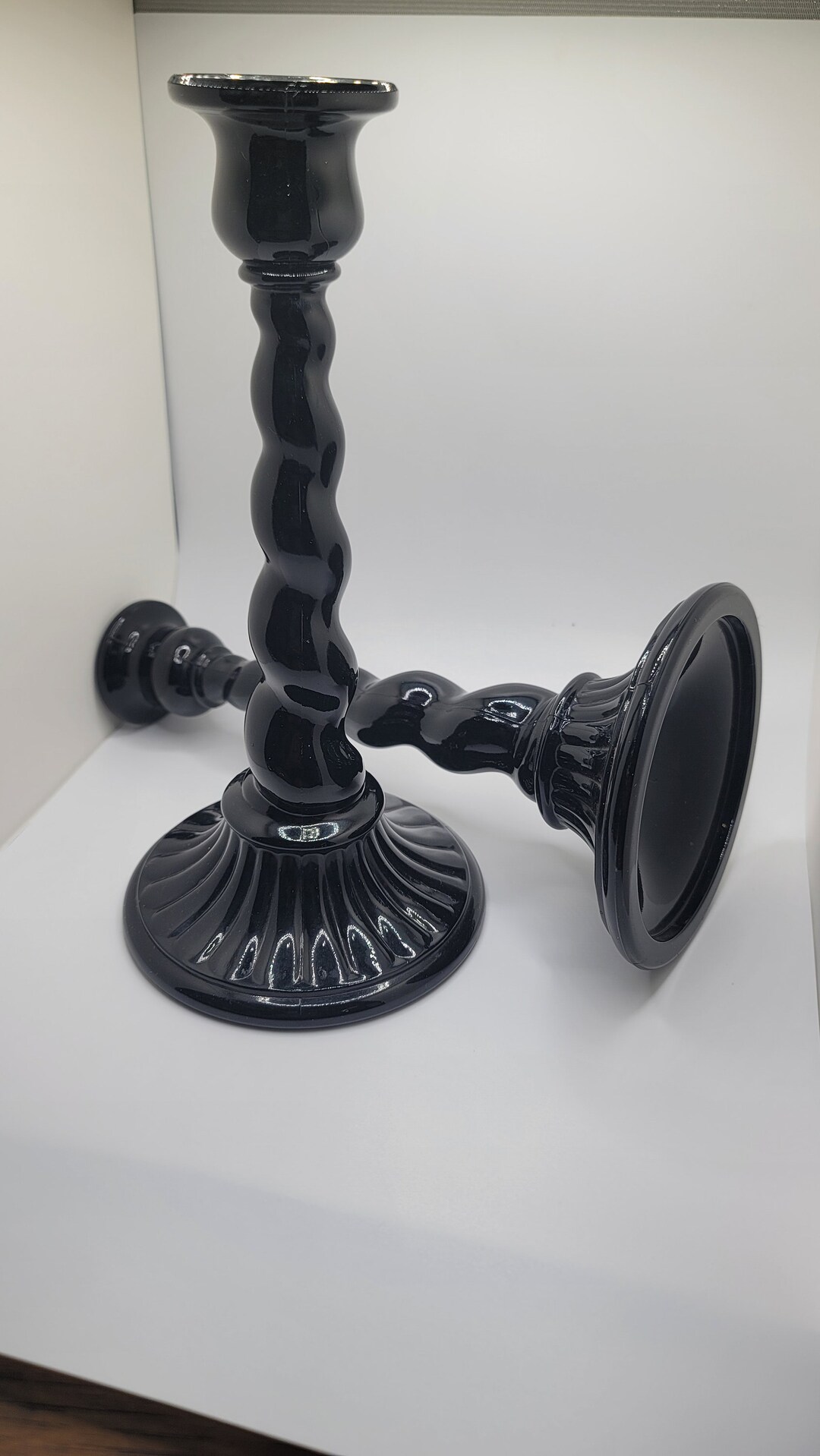 Vtg 10 Inch Black Glass Barleytwist Candlesticks Etsy