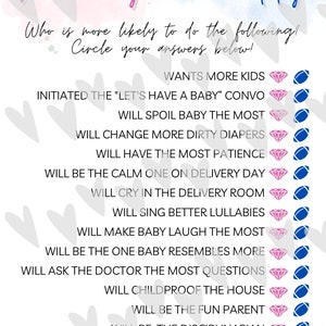 Mom or Dad, Who's More Likely, Questionnaire Game for Gender Reveal or