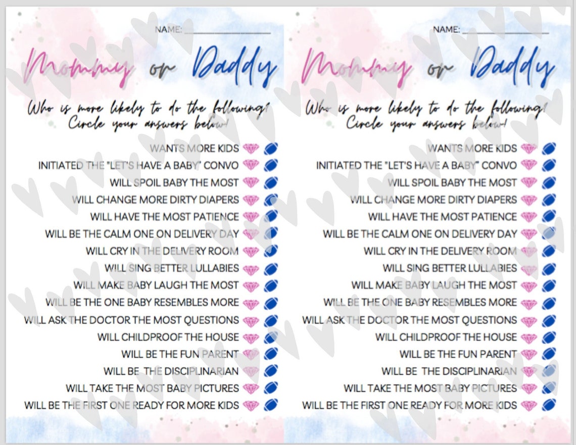 Mom or Dad, Who's More Likely, Questionnaire Game for Gender Reveal or