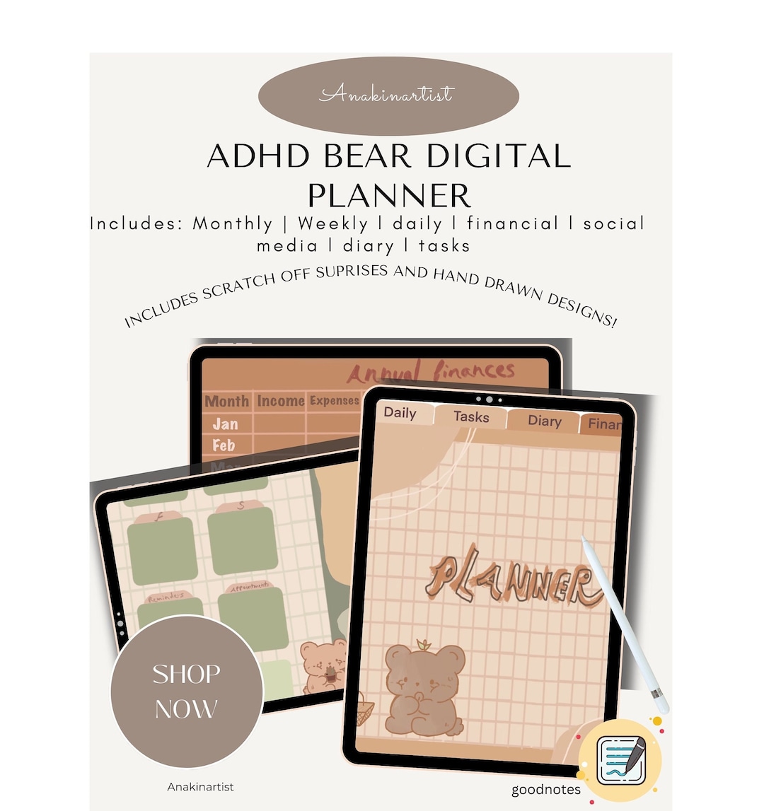 ADHD Bear Digital Planner Bundle 20232025 Goodnotes Planner Etsy