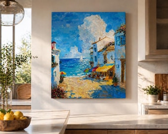 Textured 3D Acrylic Coastal Painting, Blue Ocean Seascape Beach House Wall Decor
